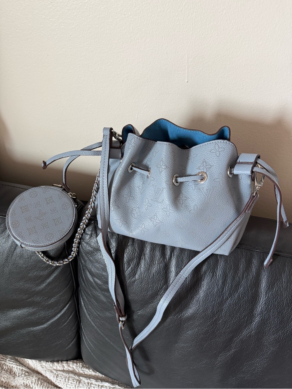 Light Blue Drawstring Bucket Bag with Coin Pouch